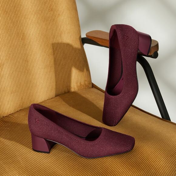 Vivaia Melody Square Toe Chunky Heels Sparkly Burgundy Slip On Pump Shoes Ballet - Picture 2 of 10